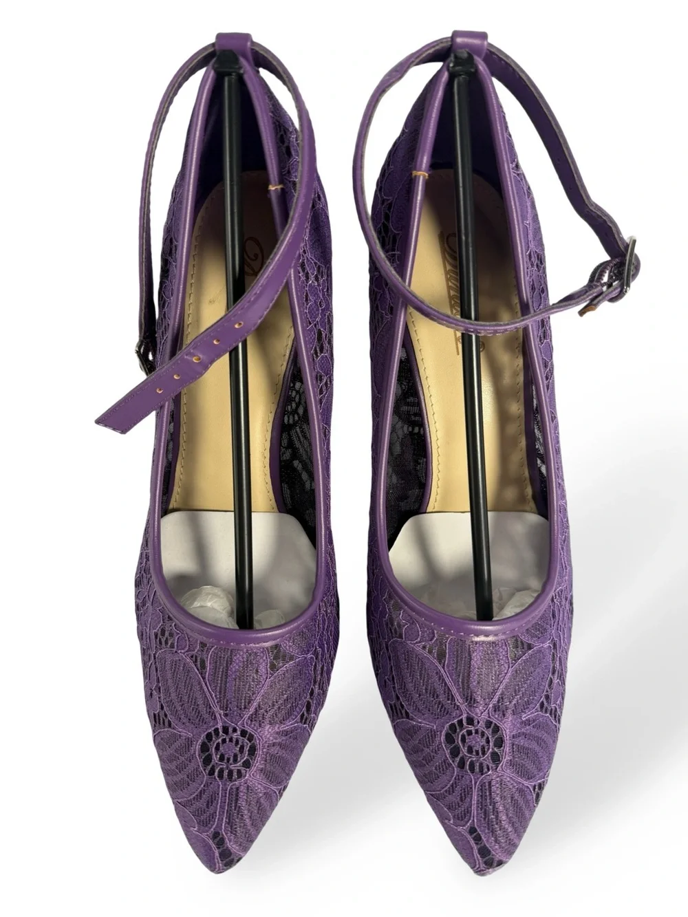 Purple Lace Pointed-Toe Ankle-Strap Heels